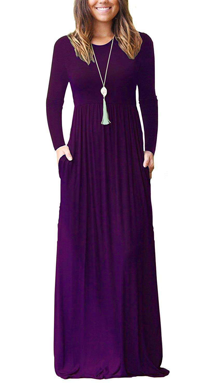 AUSELILY Women's Long Sleeve Dress Loose Plain Long Casual Maxi Dresses with Pockets 2026 New Purple XL - Image 1